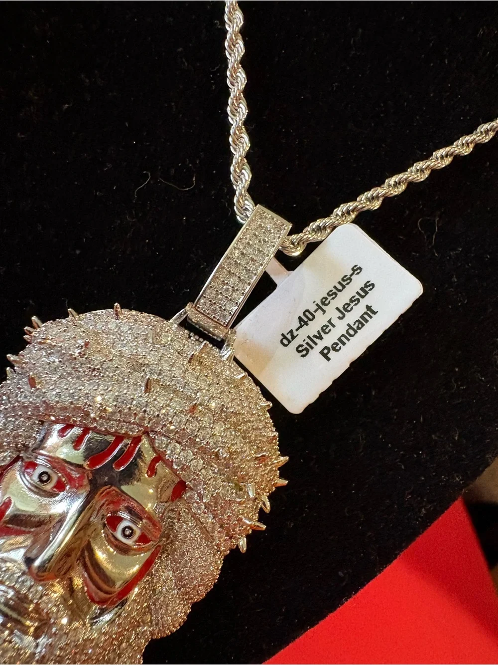 Silver-Tone Pavé Jesus Head Pendant Necklace - Sparkling Silver